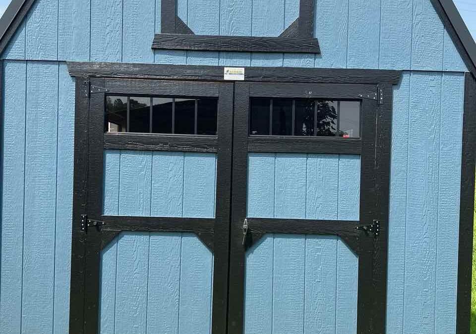 Lofted Barn – 10’x20′, Smoky Blue with Two 3×3 Windows, Double Doors with Windows and Upgraded Color