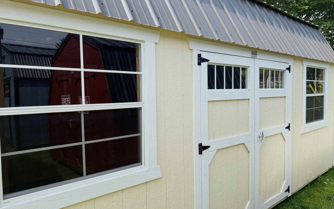 Lofted Barn – 10’x20′, Eaglet Beige with Two 3×3 Windows, Double Doors with Windows and Alternate Color Door