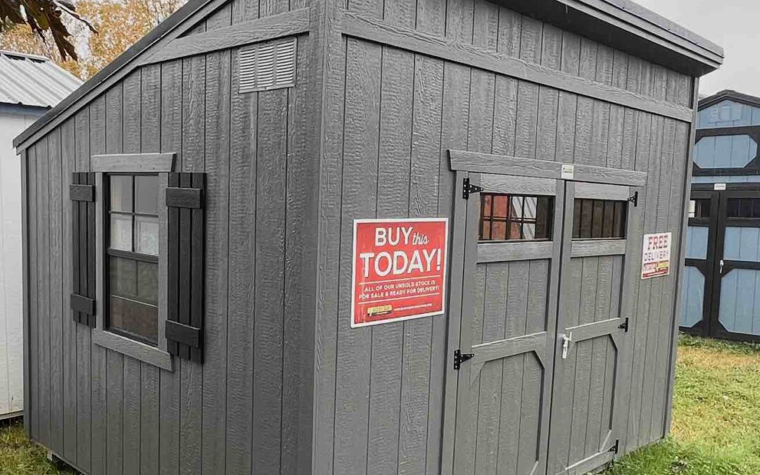 Shed – 10’x12′, 2×3 Window with Shutter, Double Doors with Windows, Peppercorn